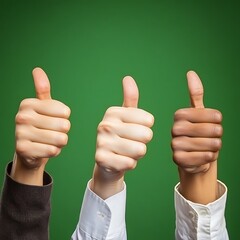 A multi-racial group of businesspeople showing thumbs up against a green background, symbolizing agreement, teamwork, and diversity.