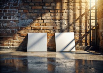 Mockup of Two Square Cards with Shadow Overlay in an Urban Exploration Setting, Perfect for Creative Marketing and Design Projects, Showcasing Textures and Urban Aesthetic