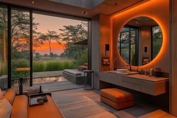 Chic bathroom features a custom vanity, large round mirror, and stunning sunset view through the...