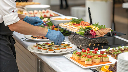 Waiter's hands in rubber gloves preparing food for buffet in restaurant. Catering company arranges various snacks on serving table. professional catering event