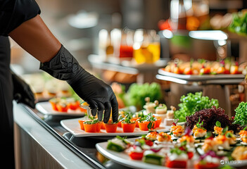Obraz premium Waiter's hands in rubber gloves preparing food for buffet in restaurant. Catering company arranges various snacks on serving table. professional catering event