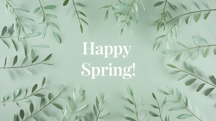 Pastel green background with the word 'Spring' in pink cursive surrounded by delicate green leaves.