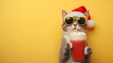 A Christmas banner with a stylish gray tabby cat wearing a Santa hat and yellow sunglasses holding a festive red drink with whipped cream and a straw on a bright yellow background.