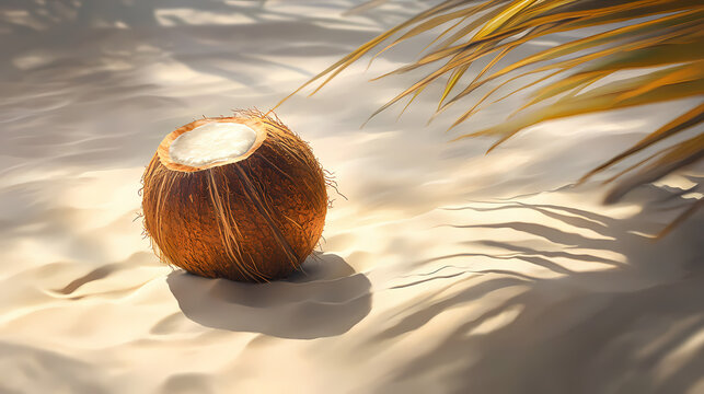 Savor the summer with a coconut resting on warm sand, capturing the essence of blissful vacations. find relaxation and spark travel inspiration anywhere you go. Blissful. Illustration