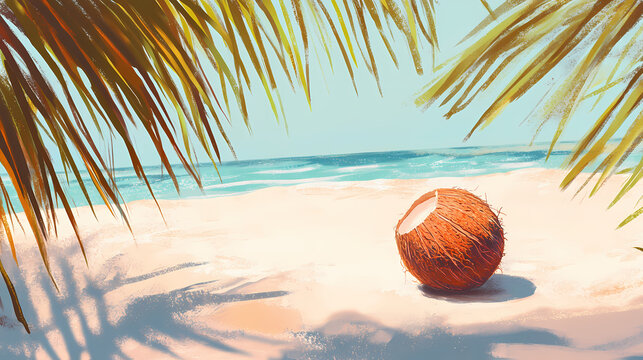 Savor the summer with a coconut resting on warm sand, capturing the essence of blissful vacations. find relaxation and spark travel inspiration anywhere you go. Blissful. Illustration