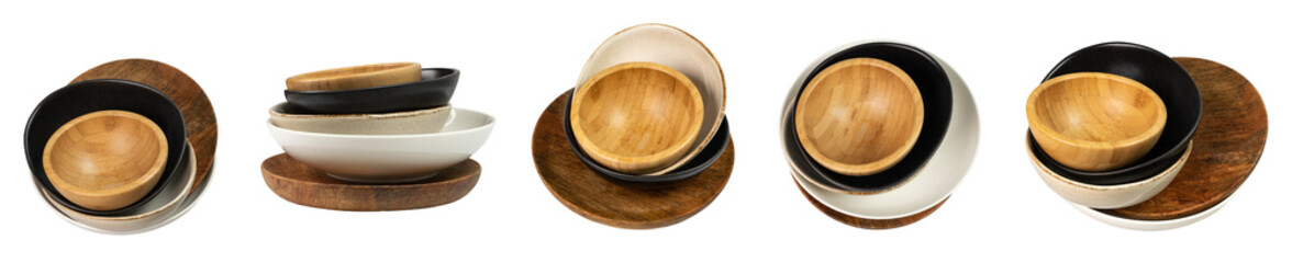 Bowl Stack Isolated, Stacked Dishes, Various Bowls Pile, Wooden and Ceramic Tableware on White Background