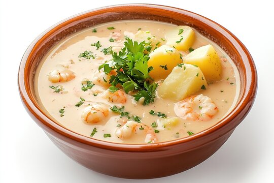 A bowl of chupe de camarones (Peruvian shrimp soup) with a rich creamy base.