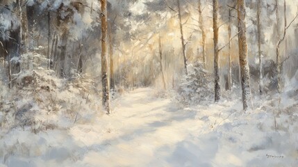 Fototapeta premium Sunlit Winter Path Through Snowy Forest