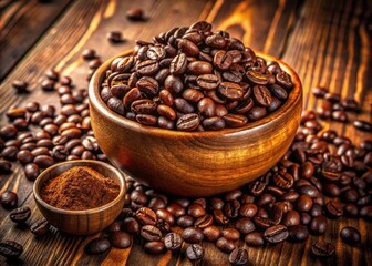 Fototapeta premium Panoramic Coffee Bean Bowl Photo: Ground Coffee in Wooden Bowl, Rustic Coffee Still Life, Coffee Photography, High-Resolution Image, Panoramic View
