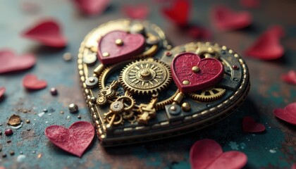 Obraz premium Intricate steampunk heart adorned with gears and decorations surrounded by heart-shaped confetti