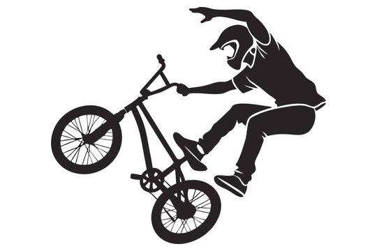 recommend clip art: BMX Bicycle, Compact bike with a rider mid-trick, arms or legs extended vector silhouette on a white background