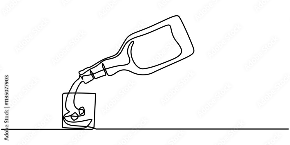 Poster continuous one line drawing. bottle and glass of whiskey with ice. vector illustration, set of whisk
