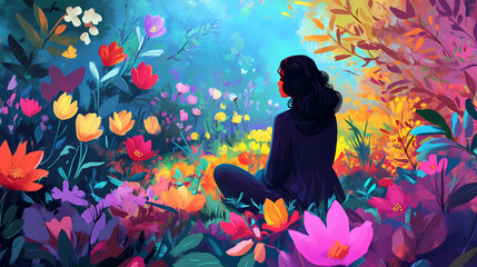 Serene woman finding peace in a colorful blooming garden sanctuary. Blissful. Illustration
