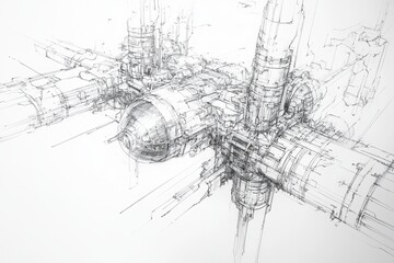 Fototapeta premium A detailed sketch of a futuristic space station showcasing intricate structural components and interconnected modules in orbit, drawn with a technical and minimalist style