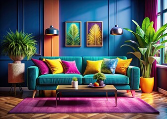 Retro Chic Apartment Sofa: Velvet Modular Seating, Pop Art Cushions, & Feathered Plant