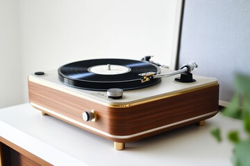 Modern record player with vinyl disc on  background modern minimalism interior with potted plant....