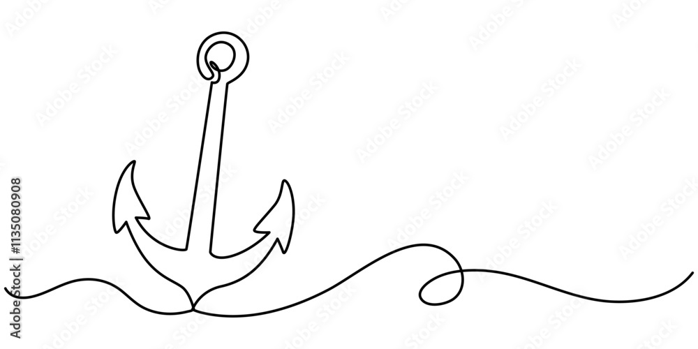 Poster Anchor continuous one line drawing vector illustration. Premium vector, Continuous line drawing of sea anchor, Large sea anchor of the ship. Set of sea ocean elements. Continuous one line drawing. 