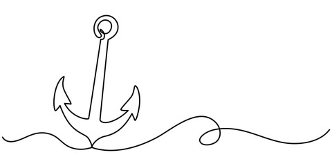 Anchor continuous one line drawing vector illustration. Premium vector, Continuous line drawing of sea anchor, Large sea anchor of the ship. Set of sea ocean elements. Continuous one line drawing.  © line drawing