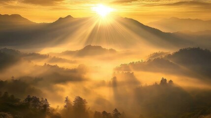 Fototapeta premium Sunrise over mountain peaks, golden sunlight spilling over the ridges with mist rising from the valleys