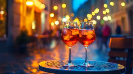 Two wine glasses filled with a cold, refreshing drink are placed on a small table in a cozy street lit with warm bokeh lights. The scene evokes a sense of leisure, relaxation, and urban charm.. AI