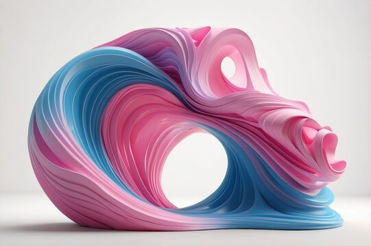 Abstract pink and blue 3D wave sculpture.