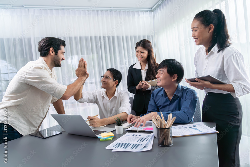 Aufkleber diverse group of office employee worker high five after making agreement on strategic business marke