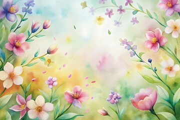 Vibrant Floral Watercolor Artwork Colorful Spring Blooming Flowers Garden