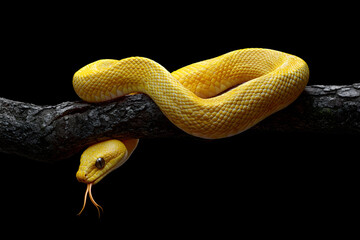 Obraz premium vGolden yellow snake coiled on a branch, striking close-up of vibrant scales, black background, exotic reptile showcasing natural beauty, perfect for wildlife, nature, and animal themes