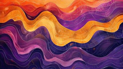 Abstract Wavy Landscape in Hues of Orange, Purple, and Deep Violet