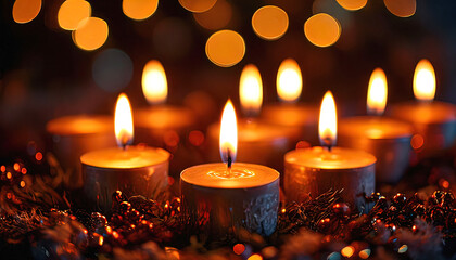 Burning candles on festive background