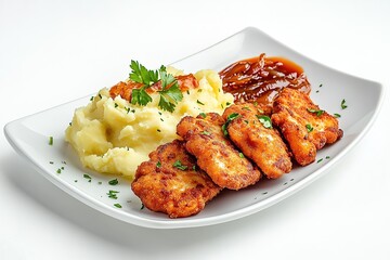 Fototapeta premium A plate of Polish kotlet schabowy (breaded pork cutlet) served with mashed potatoes and a side of sauerkraut, garnished with parsley.