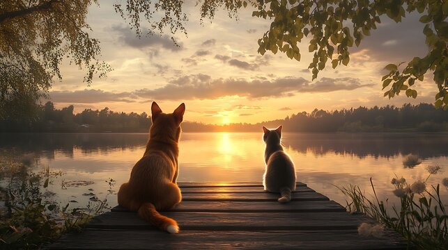 Dog and cat sitting on a wooden dock watching sunset over lake. (1)