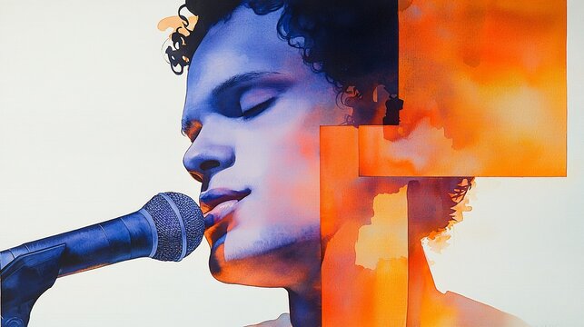 Abstract watercolor portrait of a young man singing into a microphone.