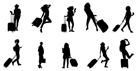 Travel collection set with suitcase silhouette vector. Vector black silhouette of suitcase man traveler