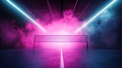 A vibrant, futuristic scene featuring a net surrounded by colorful smoke and beams of light, creating an energetic atmosphere.