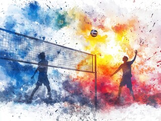 Naklejka premium A vibrant watercolor illustration of two players engaged in a spirited volleyball game, set against a colorful, dynamic background.