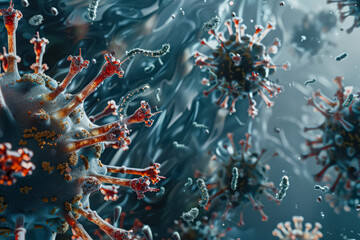 Close up of a virus with red and green spikes