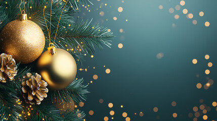 Festive golden christmas ornaments with sparkling green pine branches and glittering lights. Blissful. Illustration