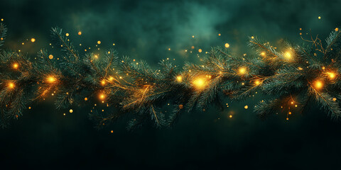 Naklejka premium Abstract minimalist Christmas background featuring golden lights on evergreen branches against a dark, moody backdrop