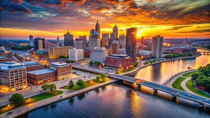 Fototapeta premium Milwaukee's riverfront beauty unfolds: Kilbourn Street's cityscape aerial view, breathtaking drone photography.