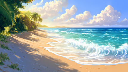 Gentle waves caress the tranquil beach, illuminated by warm sunlight, fostering a serene atmosphere that invites relaxation and blissful moments by the sea. Blissful. Illustration