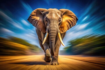 Fototapeta premium Long exposure wildlife photography: a charging elephant's furious energy frozen in time. PNG.