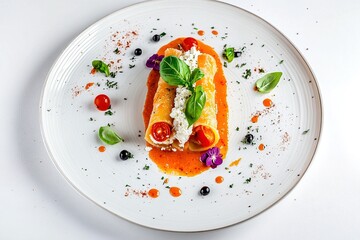 A plate of baked manicotti pasta stuffed with ricotta and topped with tomato sauce and melted cheese.