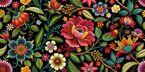 Intricate botanical design, dark floral embroidery, perfect seamless pattern for textiles.