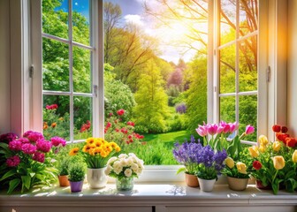 High above, blooming flowers and vibrant greenery thrive in a sun-drenched aerial spring garden, viewed from a white windowsill.