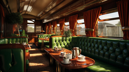 Vintage deluxe train interior with retro seating