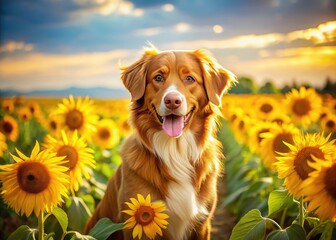 Happy Toller enjoys a sunny day amidst towering sunflowers, aerial view.