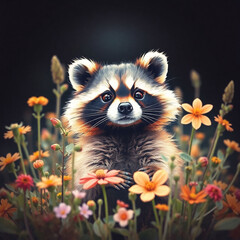 Obraz premium Adorable watercolor illustration of a cute raccoon surrounded by flowers and plants, perfect for children's designs and nature themes.