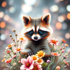 Obraz premium Adorable watercolor illustration of a cute raccoon surrounded by flowers and plants, perfect for children's designs and nature themes.