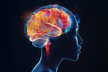Obraz premium Vivid human brain illustration with glowing neural pathways, side profile view on dark background, perfect for AI, neuroscience, creativity, innovation, and futuristic technology themes